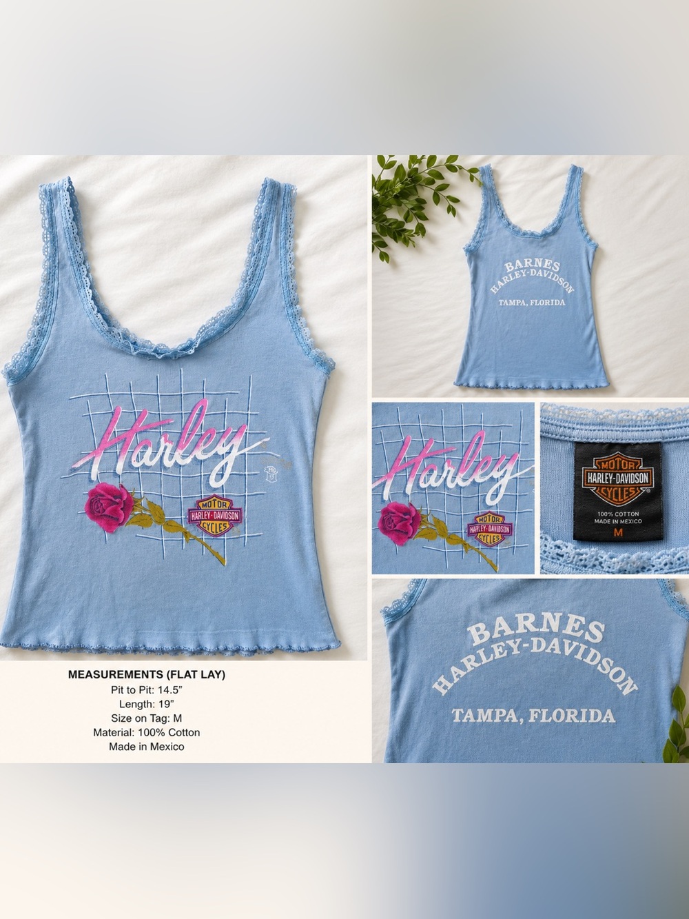 🔥VERY RARE Vintage Y2K Harley-Davidson Baby Blue Lace Trim tank top 🔥